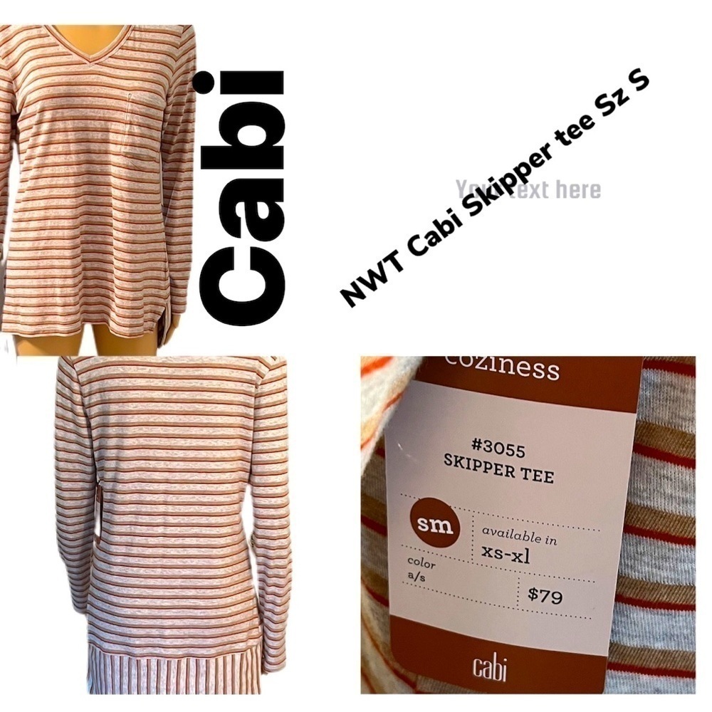 NWT CAbi Skipper top beige/red striped V neck breast pocket high lo hem Sz S